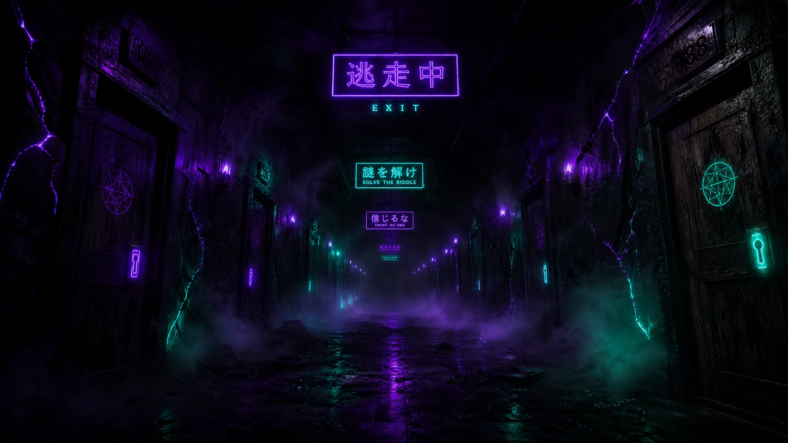 密室走廊第一人称视角，霓虹紫光与幽灵荧光‍绿交织的悬疑暗夜走廊